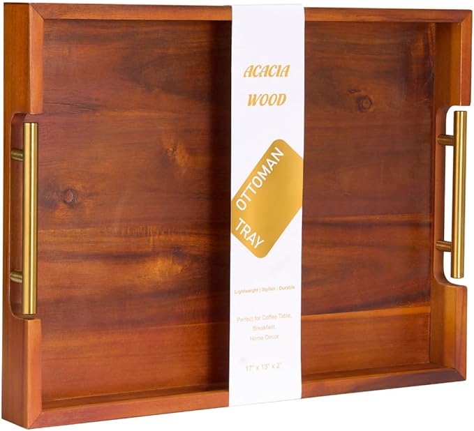 Premium Acacia Wood Ottoman Tray, 17x13 inches Large Serving Tray, Decorative Coffee Table Tray with Metal Handles, Ideal for Breakfast in Bed, Appetizers, Kitchen & Living Room Decor