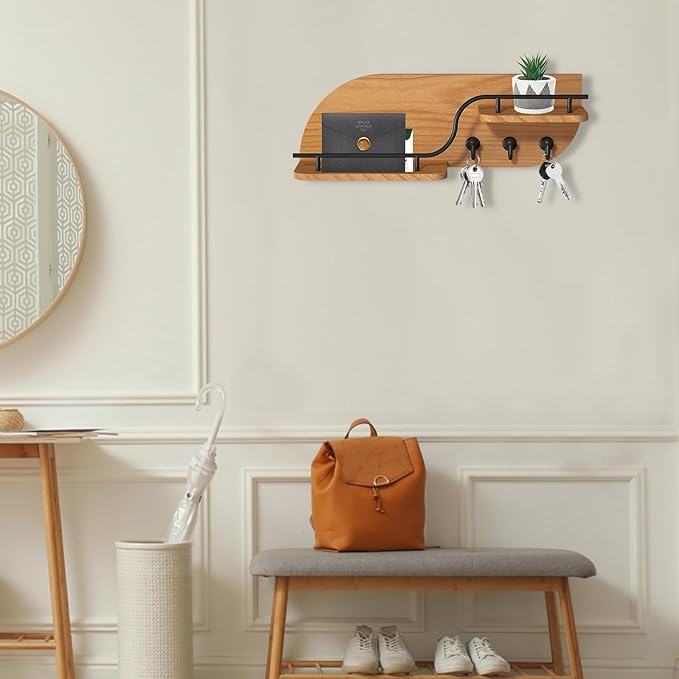 Modern Decorative Key and Mail Holder with 2 Floating Shelves, Wood Wall Mounted Key Organizer with 3 Metal Hooks for Home Entryway, Brown