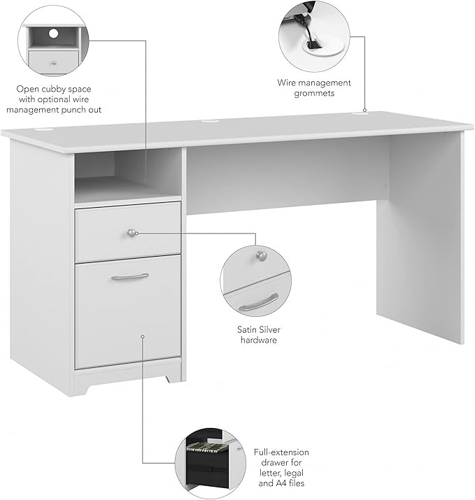 Bush Furniture Cabot 60W Office Desks for Home Office with Storage and Chrome Hardware, Elegant Computer Table with Drawers, White