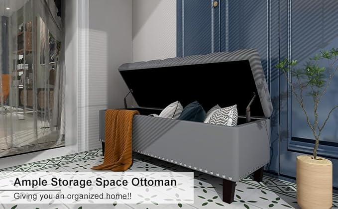 Ottoman with Storage, Storage Ottoman Bench with Button-Tufted, Upholstered End of Bed Bench with Wooden Legs for Bedroom, Entryway (Grey, Set of 1)