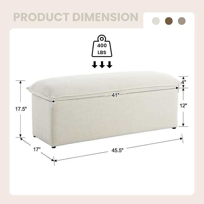 45.5 Inch Storage Ottoman Bench, Modern Upholstered Linen End of Bed Bench with 2 Safety Hinge, Entryway Bench with Seating for Bedroom Living Room, Beige