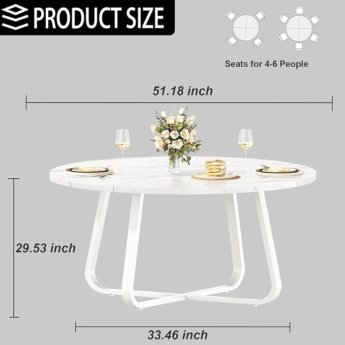LVB White Faux Marble Round Dining Table, Circle Dining Table Kitchen 4-6 People, Mid-Century Pedestal Dinner Office Living Room, White Marble, 51 Inch