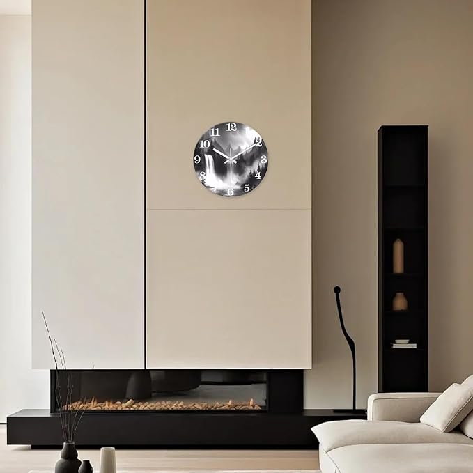 XNM Natural Landscape Bathroom Wall Clocks Battery Operated 12 Inch Black and White Round Silent Wall Clock Non Ticking Glass Small Clock for Wall