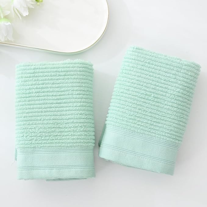YiLUOMO Ribbed Striped Hand Towel Set of 2 Soft and Absorbent 100% Cotton Bathroom Hand Towel Decorative 13 x 29 Inch (Green)