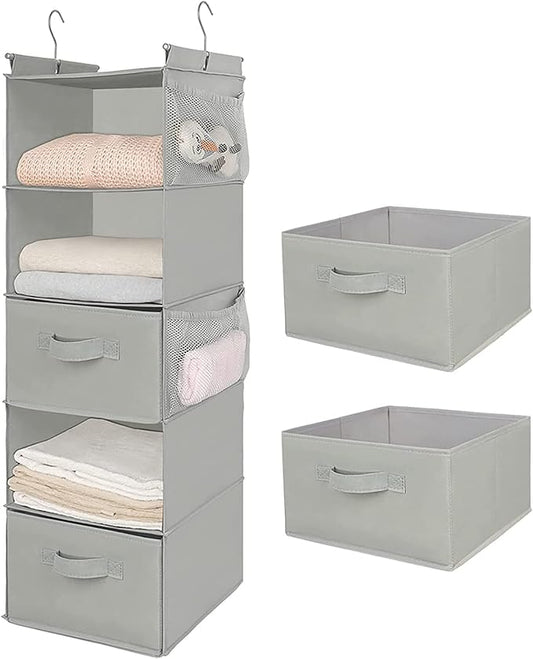 MAX Houser 5 Tier Shelf Hanging Closet Organizer, Cloth Hanging Shelf with 2 Sturdy Hooks for Storage, Foldable (Light Grey-D2)