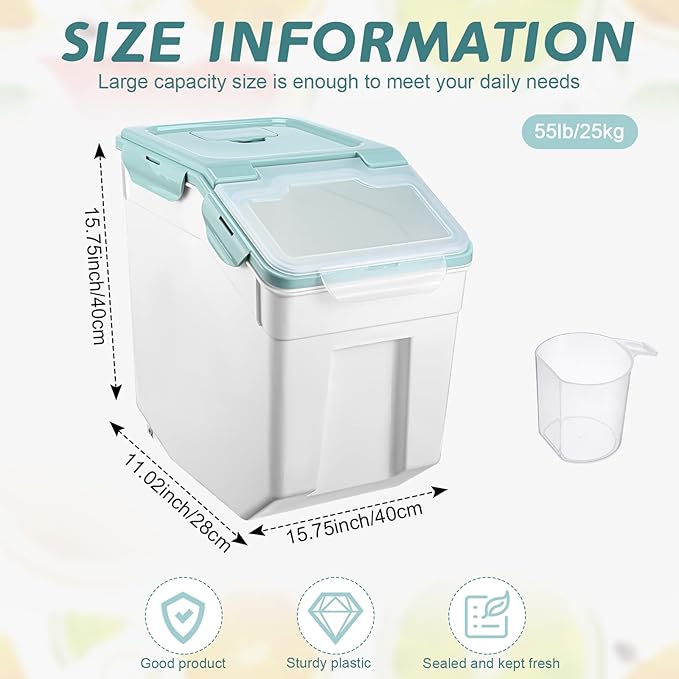 Sunnyray 4 Pcs 55 lbs Grain Rice Storage Container Blue Flour Bin with Wheels Cup Leak Proof Pet Food Storage Boxes Seal Locking Lid Plastic Rice Containers Set for Cereal Flour Cat Dog Food Kitchen