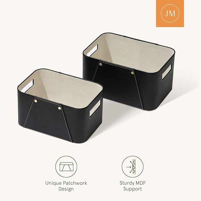 La Jolie Maison Storage Baskets for Organizing, 2 Pack, Luxury Vegan Leather Storage Cube Boxes for Closet Shelf Cabinet Bookcase, Carbon Black