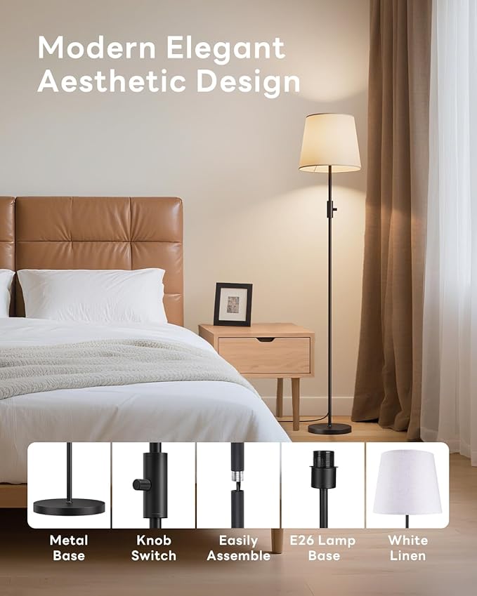 Dimmable Floor Lamp, 1200 Lumens RGBCW Color Change Bulb Included, Standing Lamp with Linen Shade, 62" Tall Lamp with Remote for Living Room, Bedroom, Office, Dining Room, Kitchen, Black