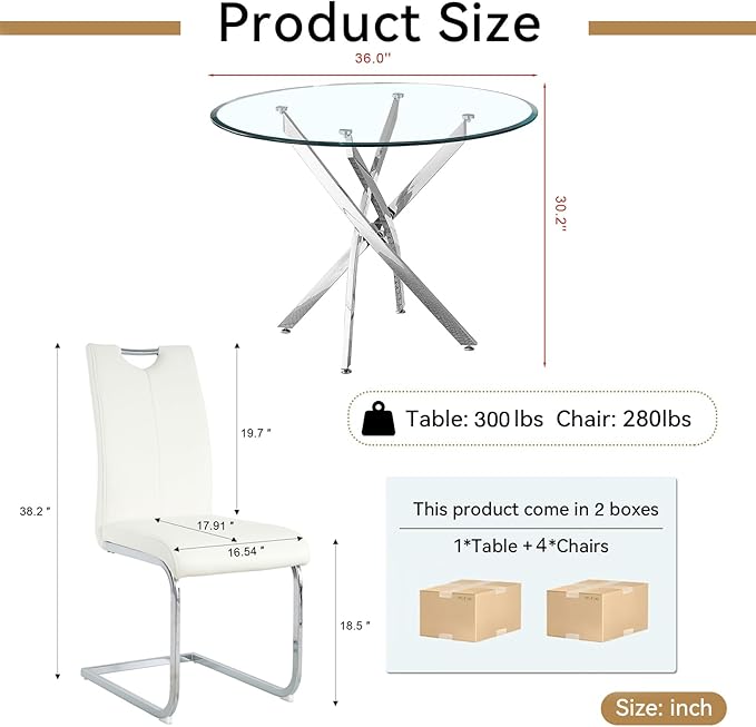 Goujxcy 5 Pieces Round Dining Table Set for 4, Modern Silver Glass Kitchen Table and Chairs for 4 with Upholstered Chairs, Circle Coffee Dining Table Set for Small Space,Apartment,Office