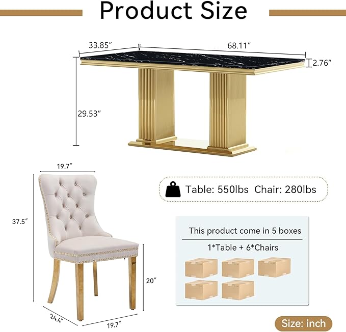 68" Faux Marble Dining Table Set for 6, 7-Piece Dining Set with Black Gold Kitchen Table and 6 Velvet Tufted Chairs, Modern Rectangular Dining Room Tables with Column-Shape Stainless Steel Base