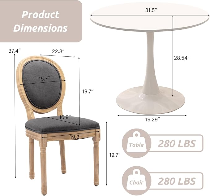 SoarFlash Kitchen Table and Chairs for 2, 31.5" Dining Table Set for 2 with French Dining Chairs, 3 Piece Round Kitchen Table Set, Dining Room Table Set for Small Space, Apartment