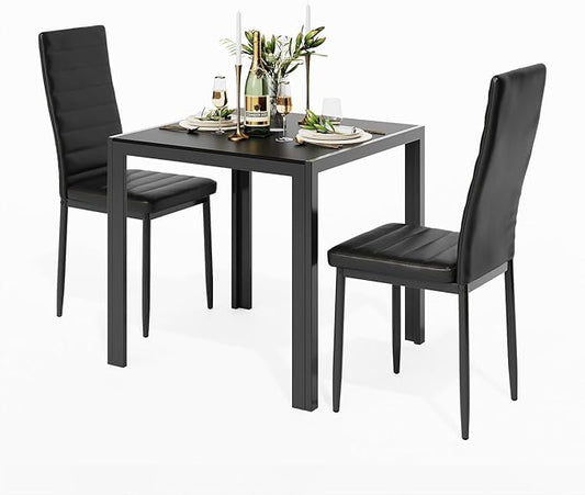 Gizoon 3 Piece Glass Dining Table Set, Kitchen and Chairs for 2, PU Leather Modern Room Sets for Home, Kitchen, Living Room