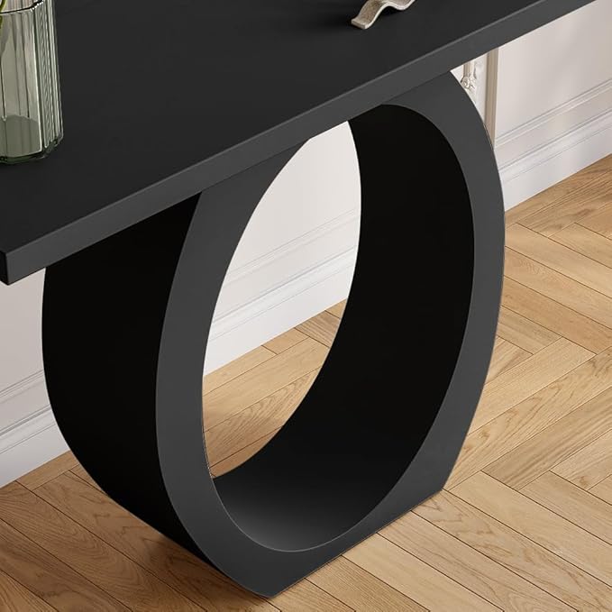 LOVEDIMA 39.4" Modern Entryway Console Table - Slim White Wooden Design with Circle Base, Space-Saving for Hallway, Living Room & Small Spaces (Easy Assembly) (Black)