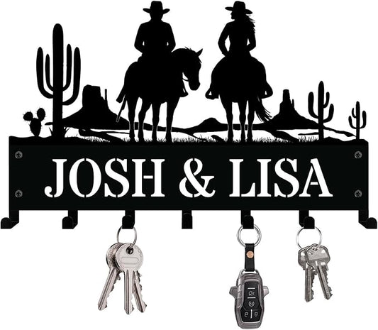 NIWAHO Personalized Cowboy Couple Key Holder – Western Style Custom Metal Wall Sign with Hooks, Horseback Riding Design for Rustic Entryway or Cabin Decor
