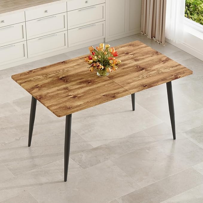 59"-75" Wood Extendable Dining Table for 6–8, Farmhouse Rectangular Dining Room Table with Black Metal Legs, Rustic Wood Grain MDF Top, Modern Space-Saving Dinner Table for Kitchen or Apartment