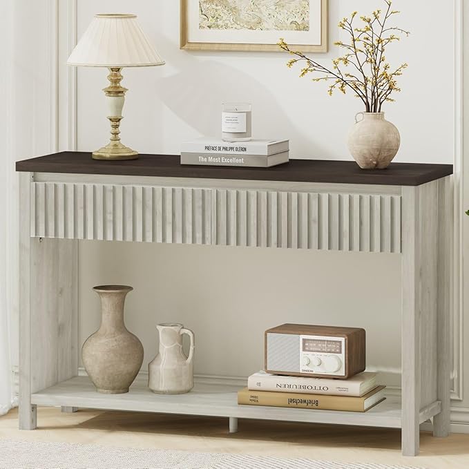 BON AUGURE Entryway Table with Storage, 47In Console Table with 2 Drawers, Two-Tier Sofa Console Tables for Living Room, Modern Hallway Tables, Walnut and Washed Grey Oak