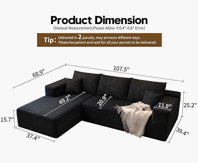 107.5" Cloud Modular Sectional Sofa Couch with L-Shape Chaise,Modern Minimalist Upholstered Couches for Living Room Bedroom,Deep Seat Corner Couch，No Assembly Required (Black,Left Facing Chaise)