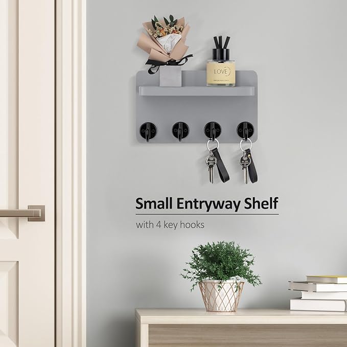 Nekon Key Holder Wall Mount, 8.5 Inch Small Home Decor Wooden Wall Organizer with 4 Hooks and Shelf, Wall Decor for Living Room Entryway Kitchen (Gray)