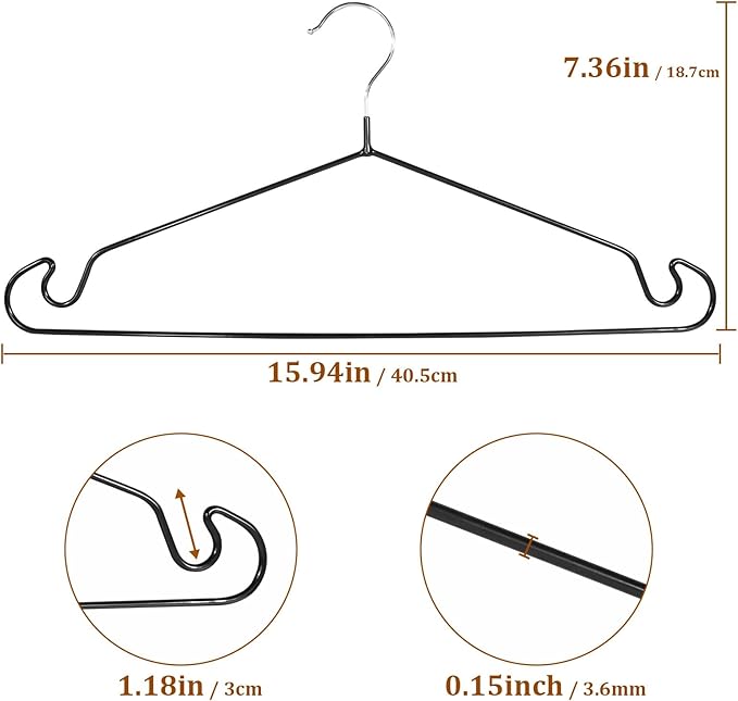 Clothes Hangers, 50Pack,Black Metal Hangers,15.7'W Space-Saving Shirt Hanger,Non-Slip Heavy Duty Hanger with Deep Shoulder Notches for Dress and Camisole