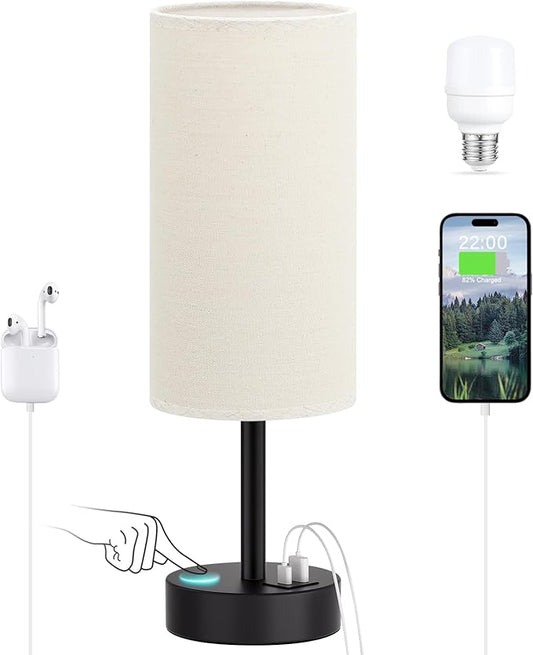 Dicoool Beige Touch Lamp for Bedroom with USB - 3 Way Dimmable Table Lamp for Nightstand, Small Lamp with Black Charging Station for Desk Dorm, Office, Nursery