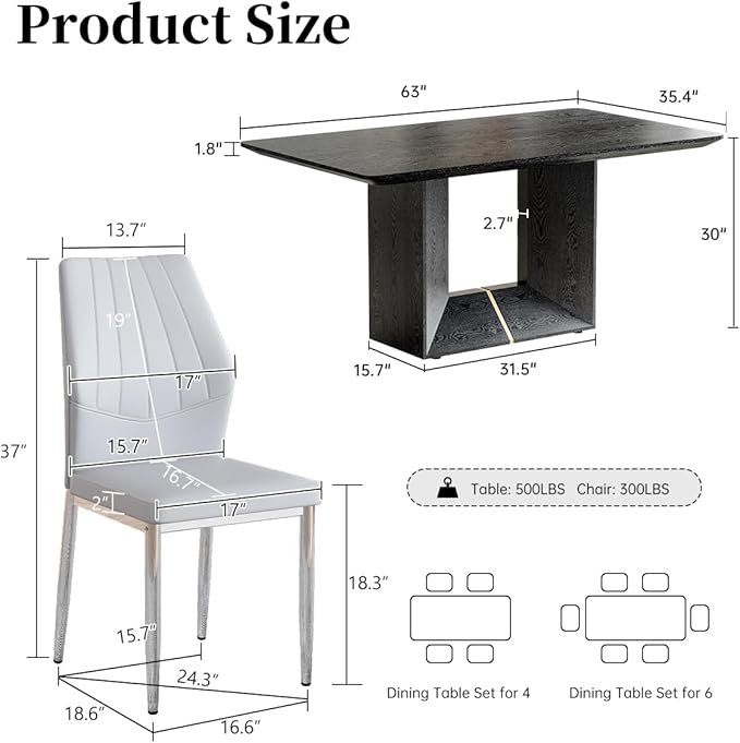 63" Modern Black Dining Table Set for 4 with Chairs, 5 Piece Rectangular Dining Room Table and 4 PU Leather Chairs, Kitchen Dining Set with Matte Wood Finish, Geometric Base, Easy Assembly