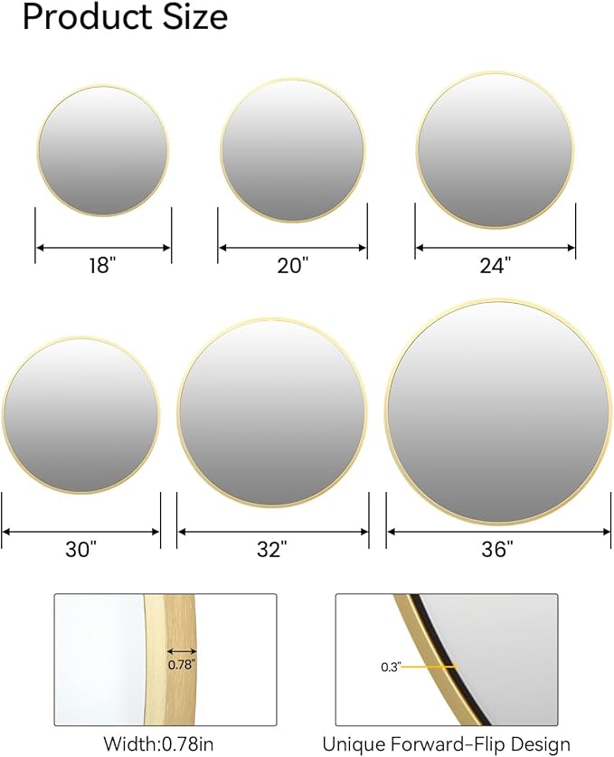 30 Inch Golden Circle Wall Mirror, Modern Round Metal Framed Mirror for Bathroom, Entryway, Living Room, Bedroom, Dining Room, Hallway, Decorative Home Décor, Easy Mount