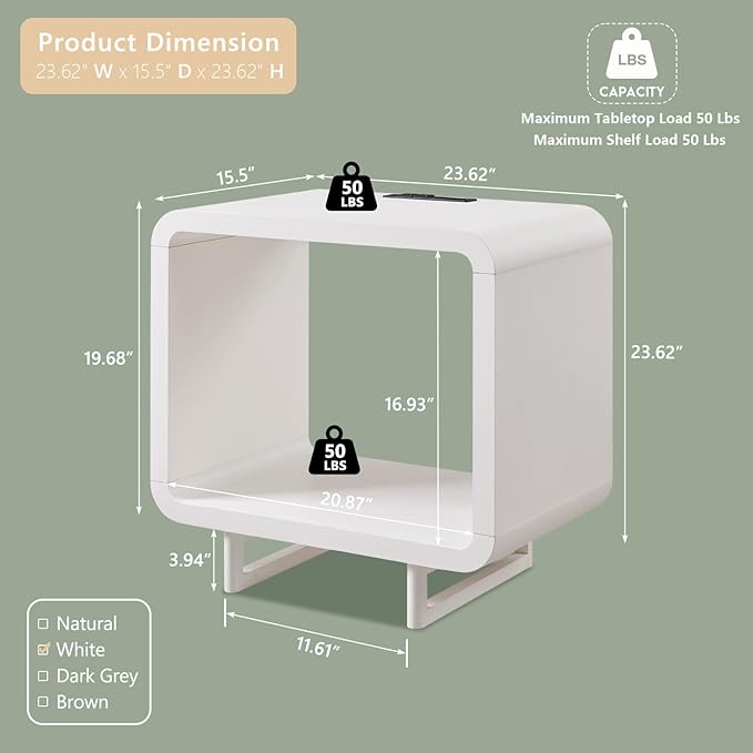 23.6" Modern End Table, 2 Tier Side Table with Charging Station, Simple Bedside Table with Open Storage Shelf, Outlet, Wooden Nightstand for Bedroom, Living Room, Study, Easy Assembly, White