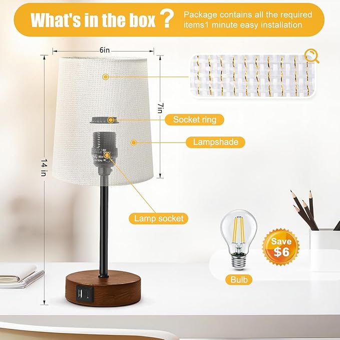 Modern USB & Type-C Bedside Lamp with Touch Control, Dimmable Table Lamp with White Fabric Shade Enhanced with Gold Threads, Includes LED Bulb - Ideal for Bedroom, Office, Dorm