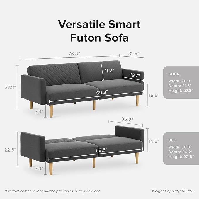 mopio 76.4" Futon Sofa Bed, Couch, Loveseat, Sleeper Sofa, Mid Century Modern Futon Couch, Sofa Cama, Couches for Living Room (Dark Gray Fabric)