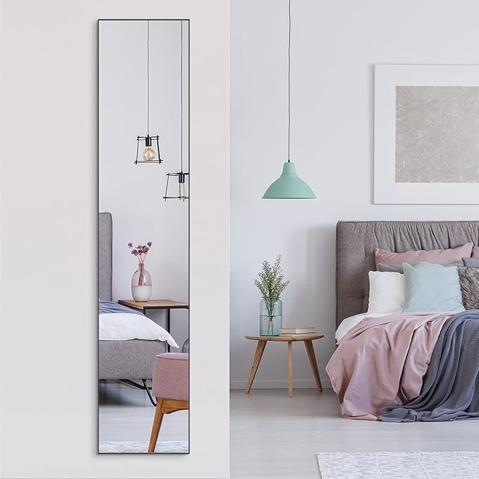 ANYHI Large Full Length Mirror, 65"x13.8" Door Mirror Full Length, 2 Hooks, Over The Door or Wall Monuted, Aluminum Frame, for Bedroom Bathroom Checkroom, Black