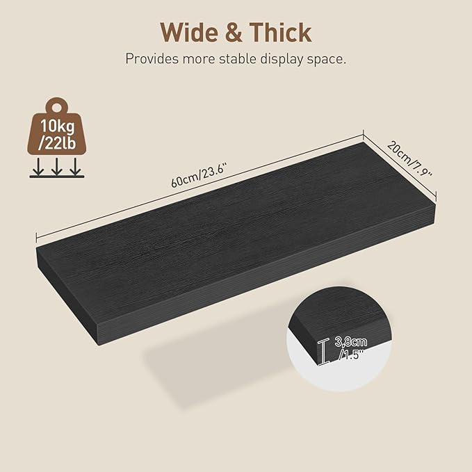 Floating Shelves for Wall, 1.5" Thick Wall Shelf Set of 3 with Invisible Brackets, 23.6L x 7.9W Hanging Book Shelves Farmhouse Home Decor for Bathroom, Living Room, Bedroom, Black 6301BJP3BK