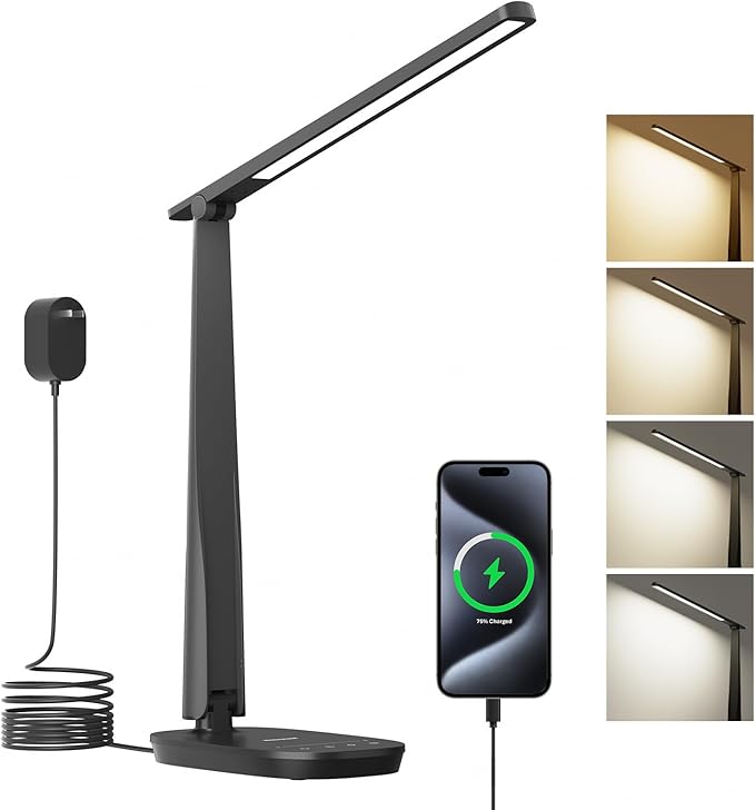 Honeywell LED Desk Lamp for Home Office, Eye-Caring Light with 4 Color Modes & Touch Control, USB A+C Charging Ports, Adjustable Rotating Head with Timer for Reading, Bedroom & Small Desks