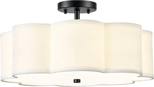 Black Semi Flush Mount Ceiling Lights, 4-Light 18" Ceiling Light Fixtures with Fabric Shade in Flower Shape, Farmhouse Drum Lighting for Nursery Bedroom Kitchen, AD-22009-4SF-BK