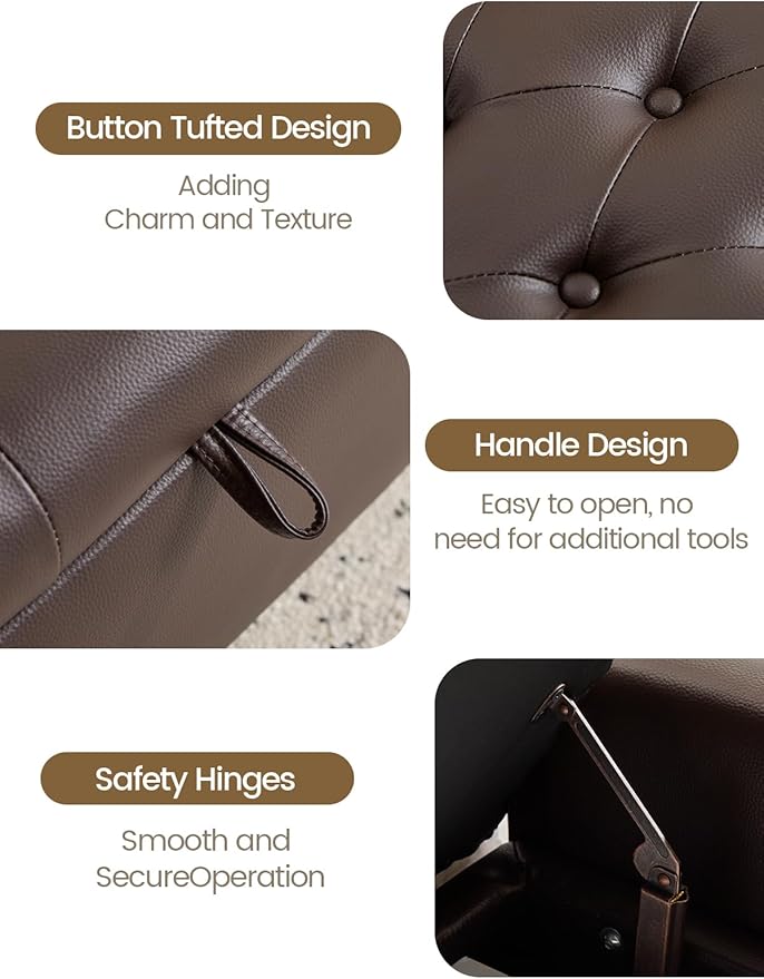 47" Storage Ottoman Bench, End of Bed Bench for Bedroom, Leather Upholstered Ottoman with Storage for Living Room, Entryway, Window (Brown)