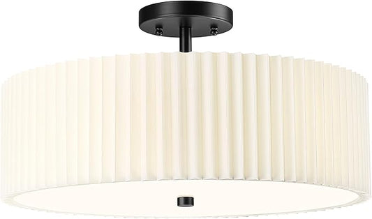 Semi Flush Mount Ceiling Lights, 4-Light 18" Matte Black Ceiling Light Fixture with White Pleated Fabric Shade, Drum Lamp for Nursery Hallway Bedroom Kitchen, AD-25036-4SF-BK