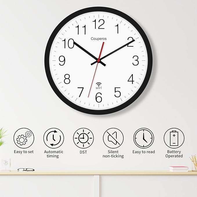 WiFi Wall Clock with Auto-DST, 12 Inch Silent Non-Ticking Round Analog Modern Battery Powered Clock Smart Analog WiFi Clock for Home Kitchen Office Classroom