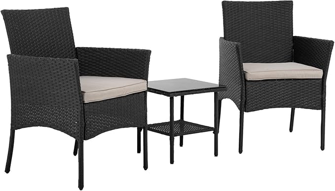 FDW Patio Furniture Sets 3 Pieces Outdoor Wicker Bistro Set Rattan Chair Conversation Sets with Coffee Table for Yard Backyard Lawn Porch Poolside Balcony,Black