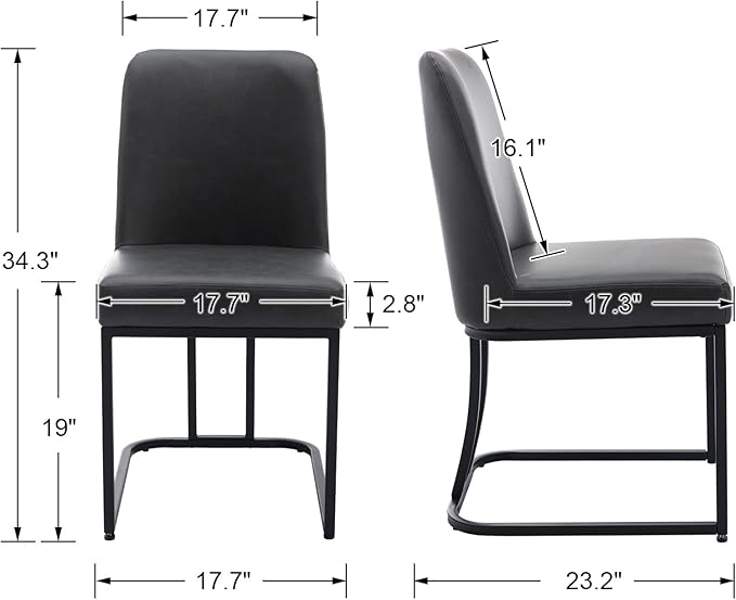 Charcoal PU Leather Dining Chairs Set of 6 Mid Century Modern Comfortable Dining Room Chair with Curved Backrest, Upholstered Kitchen Side Chairs with Black Metal Legs