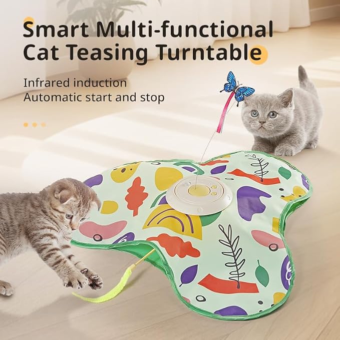 Hide and Seek Interactive Cat Toys, Moving Concealed Wand Feather, Automatic Chargeable Indoor Kitten Exercise Kicker, Mouse Squeaky, Floral Cover