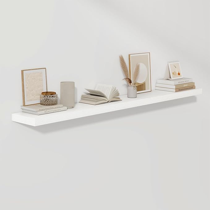 Fun Memories 66 Inch Fireplace Mantel Shelf with Invisible Bracket, 8 Inch Deep Floating Shelf for Living Room, Kitchen, Farmhouse, White