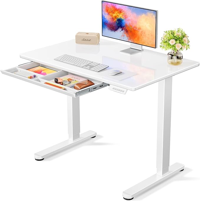 Marsail Glass Electric Standing Desk with Drawer, 40 x 24 Inches Height-Adjustable Desk, One-Piece Tempered Glass Top, Ergonomic Home Office Sit Stand Desk with 4 Preset Heights, White