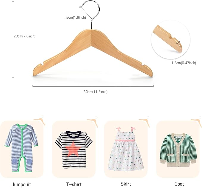 Nature Smile Kids Baby Children Toddler Wooden Shirt Coat Hangers with Notches and Anti-Rust Chrome Hook Pack of 20 (Natural)