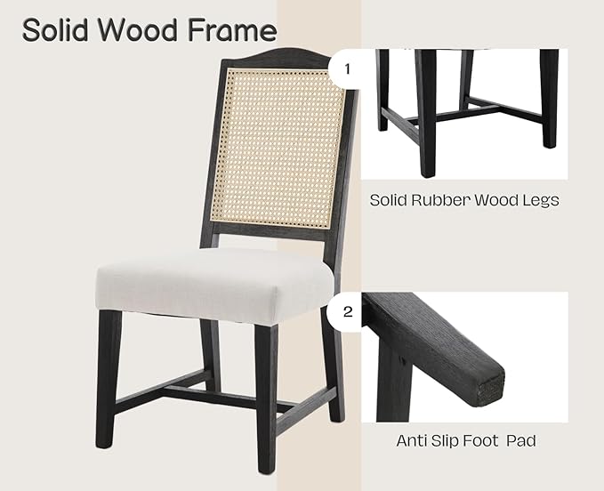 EALSON Mid Century Modern Dining Chairs Set of 4 Linen Upholstered Dining Room Chairs with Cane Back Black Wood Frame Side Chairs for Dining Room, Beige