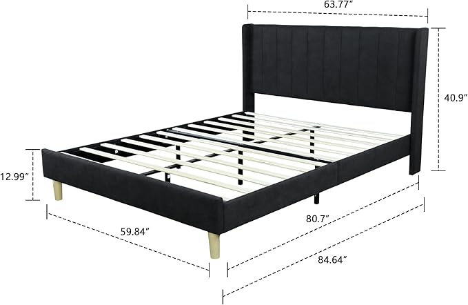 Low Profile Upholstered Platform Bed,Queen Beds with Black(Linen)