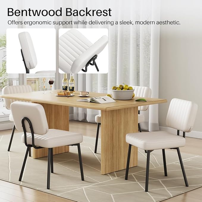 Dining Chairs Set of 4, Upholstered Mid Century Modern Kitchen Dining Room Accent Chairs with Faux Leather Cushion Seat & Metal Legs for Kitchen, Living Room (White, Set of 4)