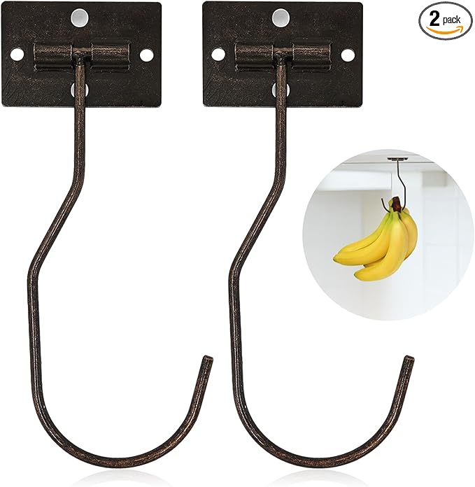 Banana Hanger Hook – Space Saving Banana Holder Hanger to Keep Bananas Fresh, Self Adhesive and Screw Banana Hook 2Pack Copper