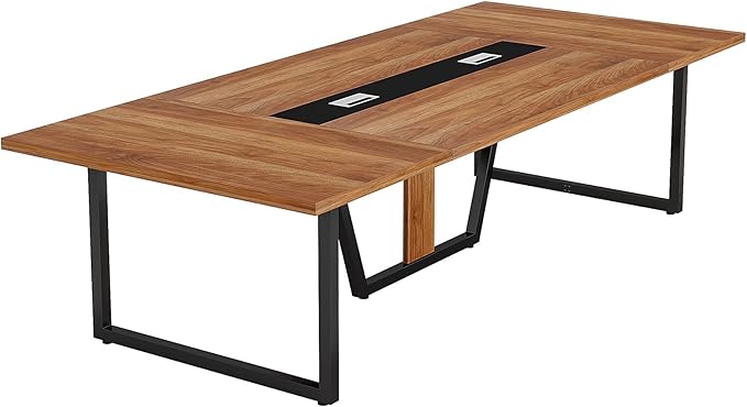 LITTLE TREE 8FT Conference Table for 10 People, Large Meeting Table, Modern Conference Room Tables with Cable Management, Training Tables with Strong Metal Legs for Office, Brown