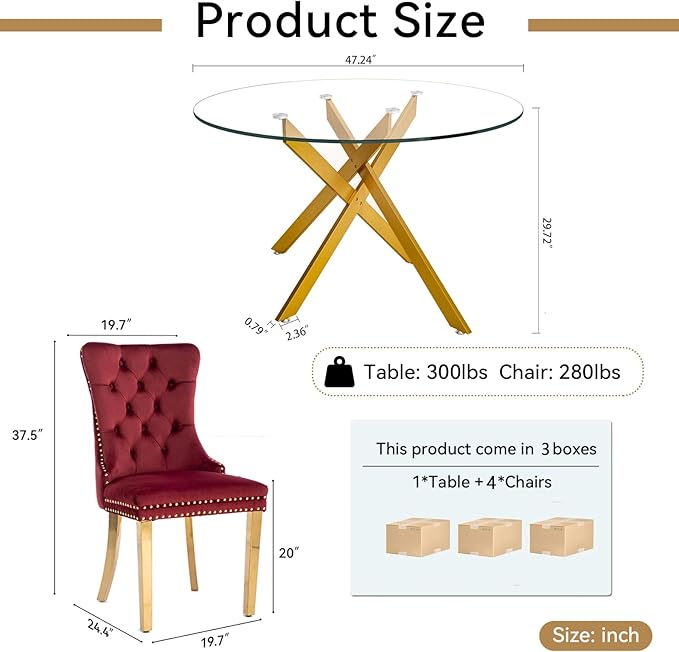 Goujxcy 5 Piece Round Glass Dining Table Set for 4, 47" Round Dining Table & Chair Set Modern Circle Glass Kitchen Table and 4 Velvet Upholstered Chairs for Kitchen Dining (Gold & Burgundy)