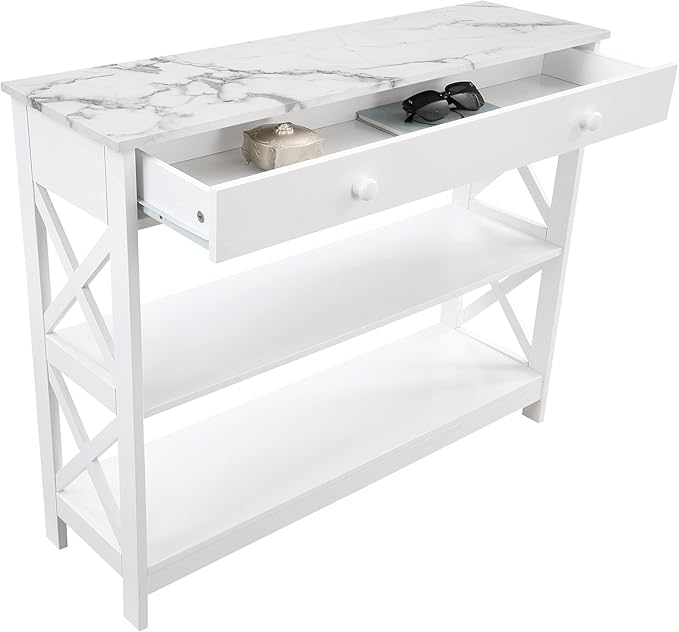 Convenience Concepts Oxford 1 Drawer Console Table with Shelves, White Faux Marble/White