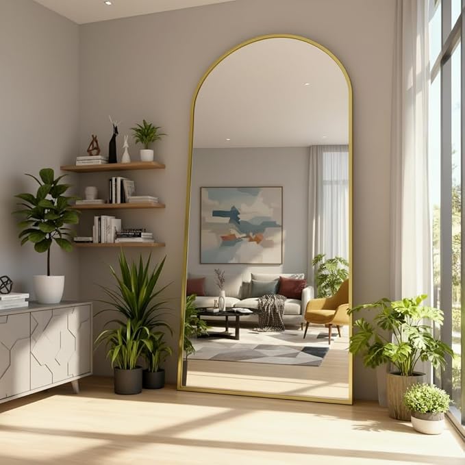 Arched Full Length Mirror,76" L x 34" W Floor Mirror, Aluminum Alloy Frame, Shatterproof Glass - Free Standing, Leaning or Wall Mounted for Bedroom, Living Room, Entryway, Modern Home (Gold)